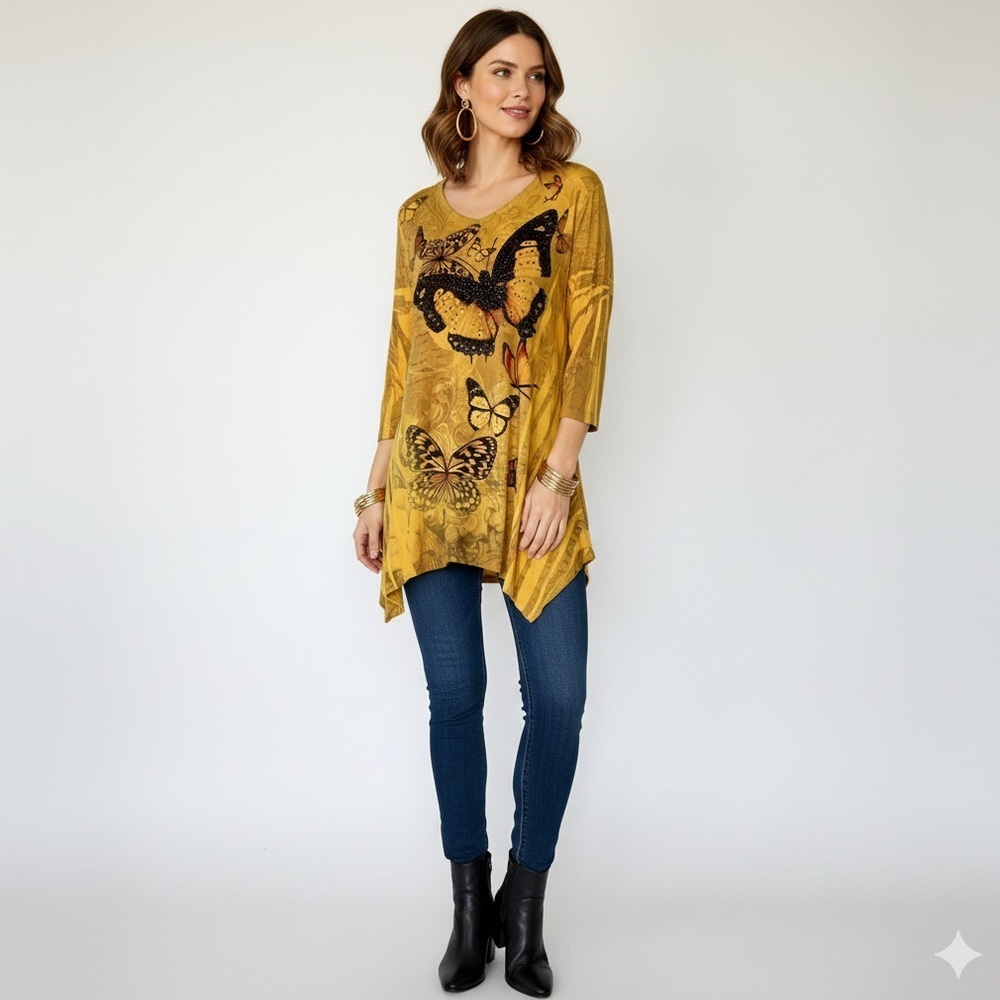 Jostar Butterfly Asymmetrical tunic Top Medium Embellished Boho